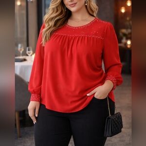 NWT 2X Belldini Embellished Lined Rhinestone Blouson Sheer Long Sleeve